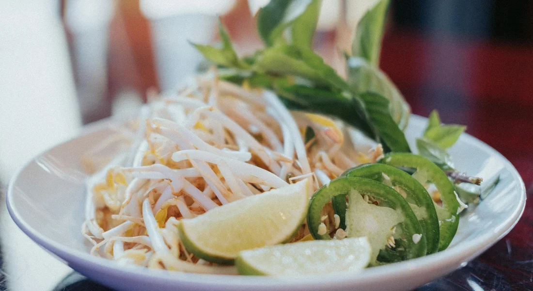 Plate of fresh bean sprouts with lime wedges and green herbs on a white dish