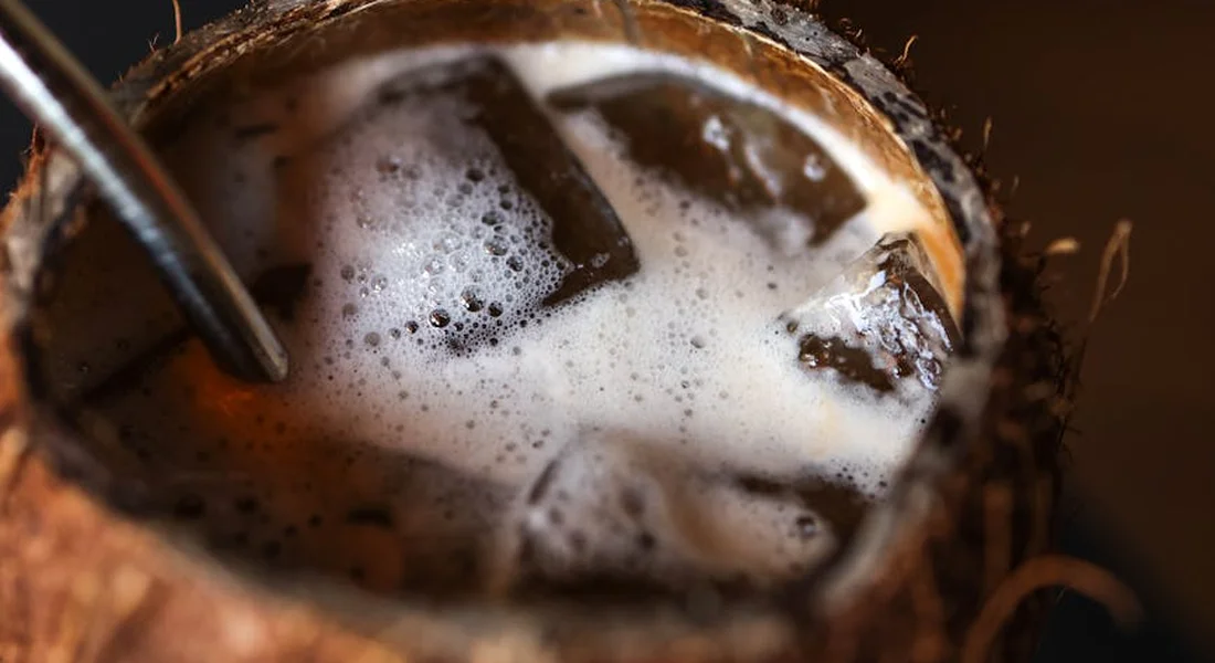 Close-up of a halved coconut with coconut water and meat, illustrating natural material that can be used as a guinea pig chew toy.