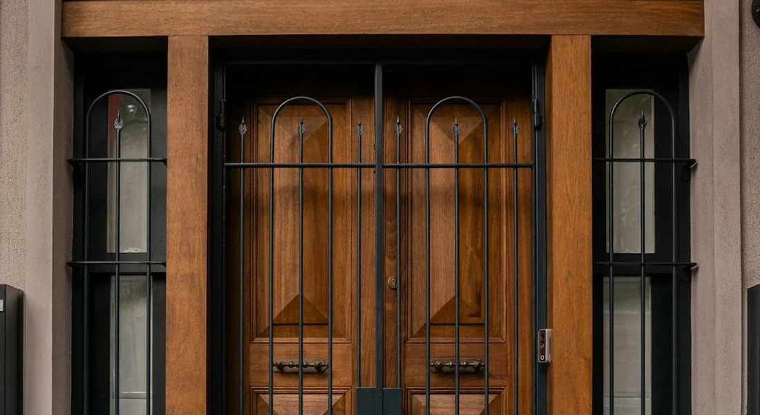 A wooden front door with decorative black metal bars and sidelights.