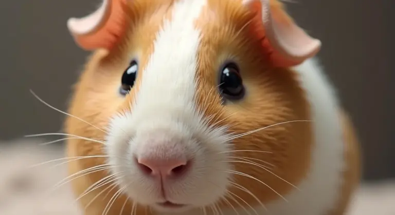 Close-up portrait of a guinea pig with orange and white fur looking at the camera.