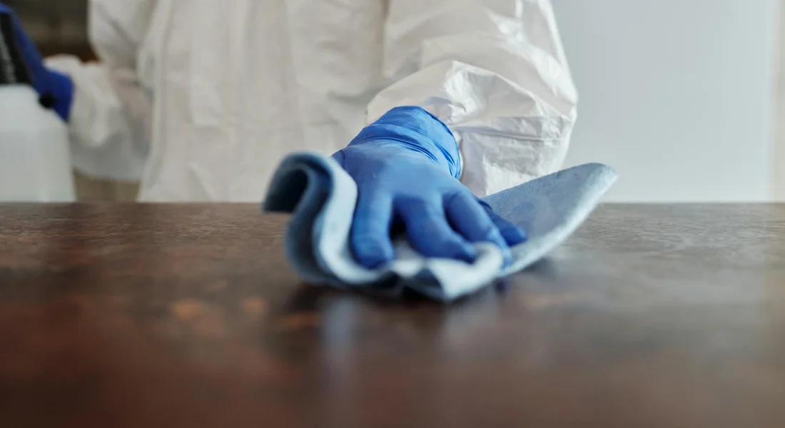 A person wearing blue gloves wipes a wooden cage surface with a cleaning cloth as part of daily maintenance.