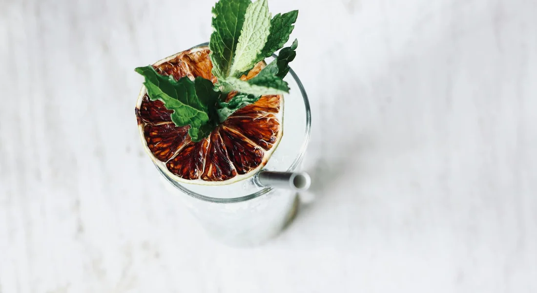 Glass with fresh mint leaves and a dried citrus slice on top, set against a light, textured background.
