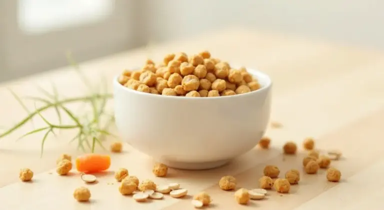 A white bowl filled with small, round guinea pig pellets on a light wooden table, with pellets scattered around and a small carrot piece in the background