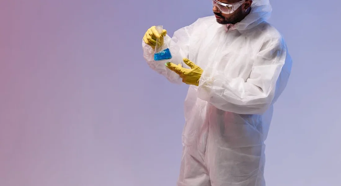 A lab technician in protective gear handles a urine sample for analysis, illustrating professional veterinary testing.