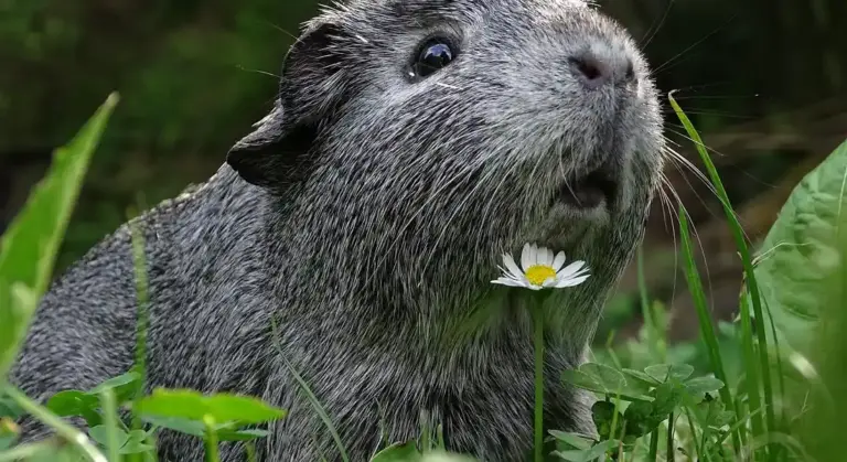 Close-up of a gray guinea pig in grass with a small white daisy held near its mouth