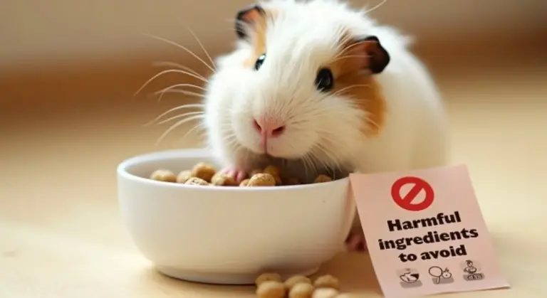 Guinea pig nibbling from a bowl of pellets next to a sign reading 'Harmful ingredients to avoid'.