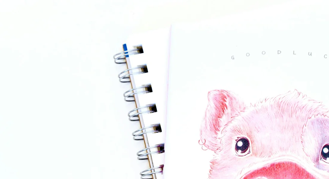 Illustration of a pink guinea pig peeking from the corner of a spiral notebook against a white background, related to FAQs about guinea pig urine and stool color changes.