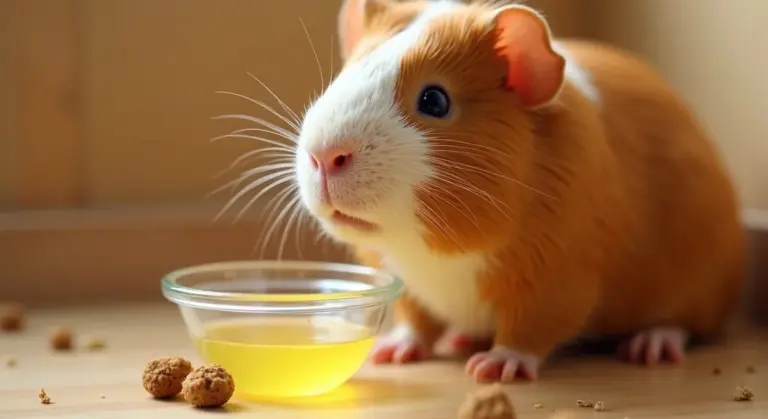 Close-up of a brown and white guinea pig beside a small glass bowl with yellow liquid and scattered dry kibble on a wooden surface.