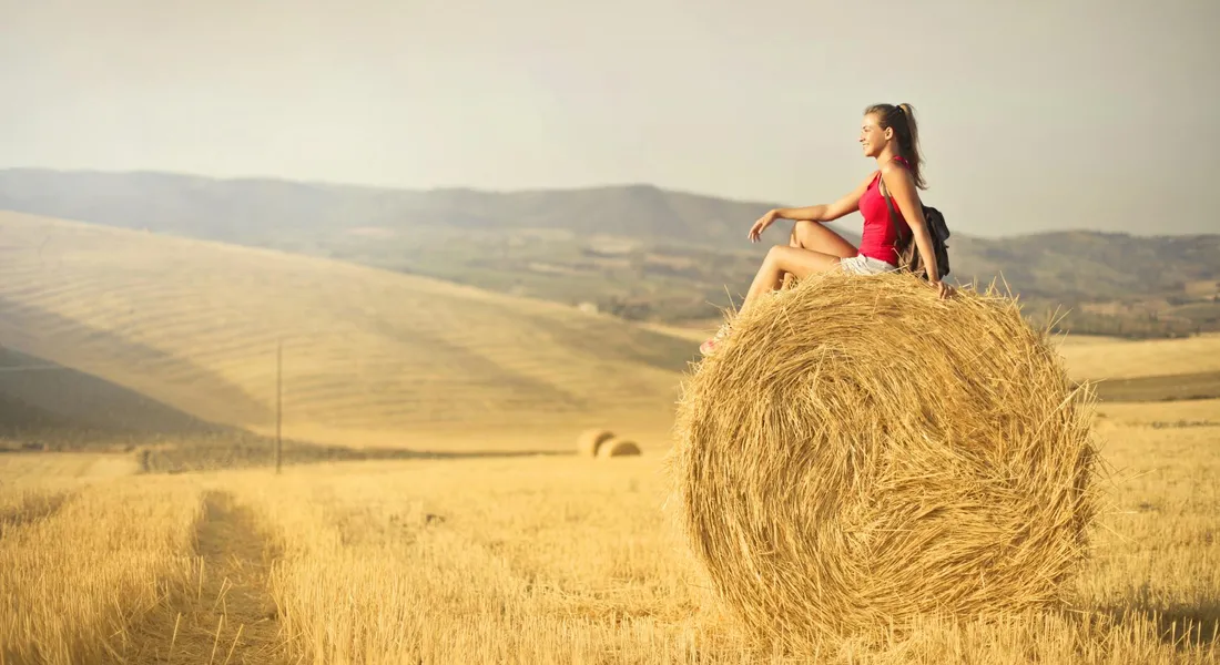 A person in a red top sits on a large round hay bale in a sunlit golden field.