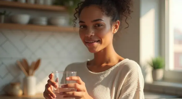 Woman in a light sweater holds a glass of water in a bright kitchen.