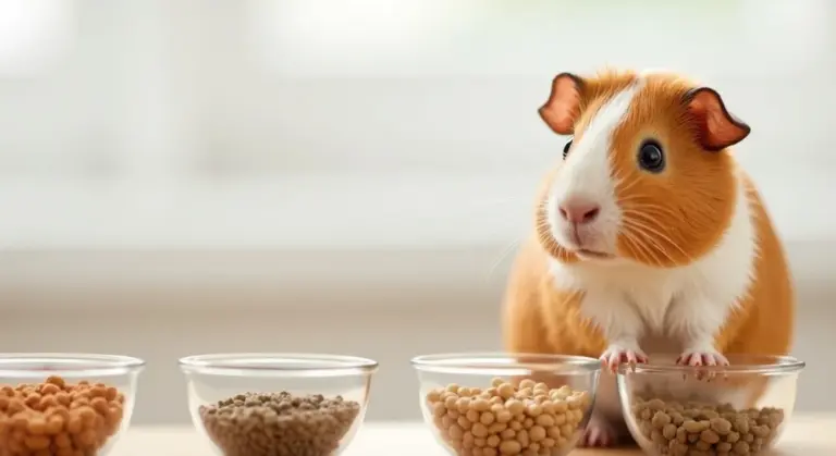 Curious guinea pig beside four bowls filled with different guinea pig pellets