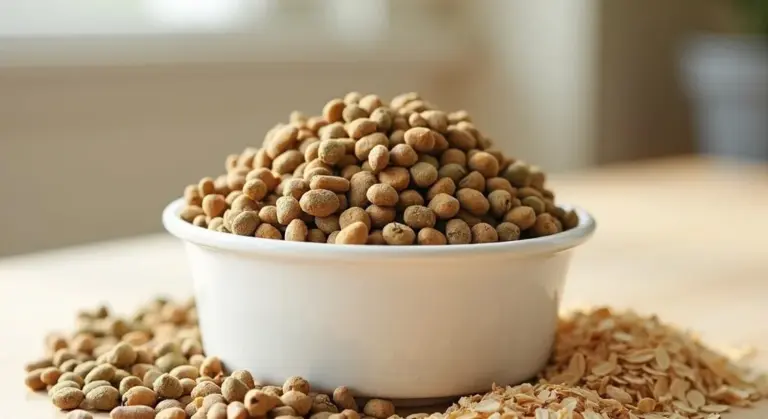 A white bowl heaped with dry guinea pig pellets on a light wooden surface, with pellets scattered around the bowl.