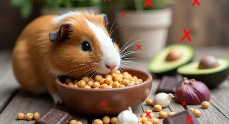 A guinea pig eats dry pellets from a brown bowl on a wooden surface. In the background are avocado halves, garlic, an onion, and pieces of chocolate, with red X marks overlaying the image.